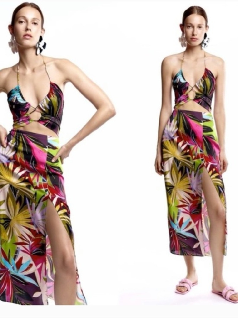 Zara Tropical Cutout Halter Maxi Dress in Pink, Green & Black